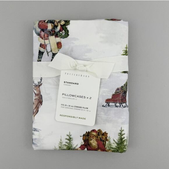Pottery Barn Pillowcases Set of 2 Nostalgic Santa STANDARD 100% Cotton Reindeer - Picture 1 of 5